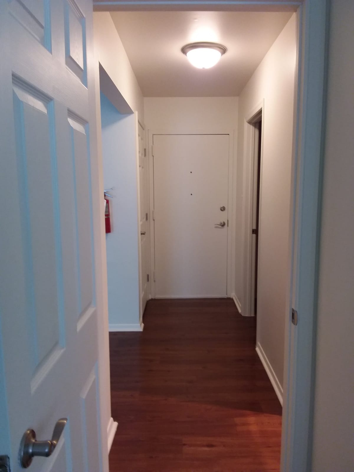 An entry hall at Indian Head Elderly Apartments with wood-look plank flooring, a ceiling light, and the front door at the end