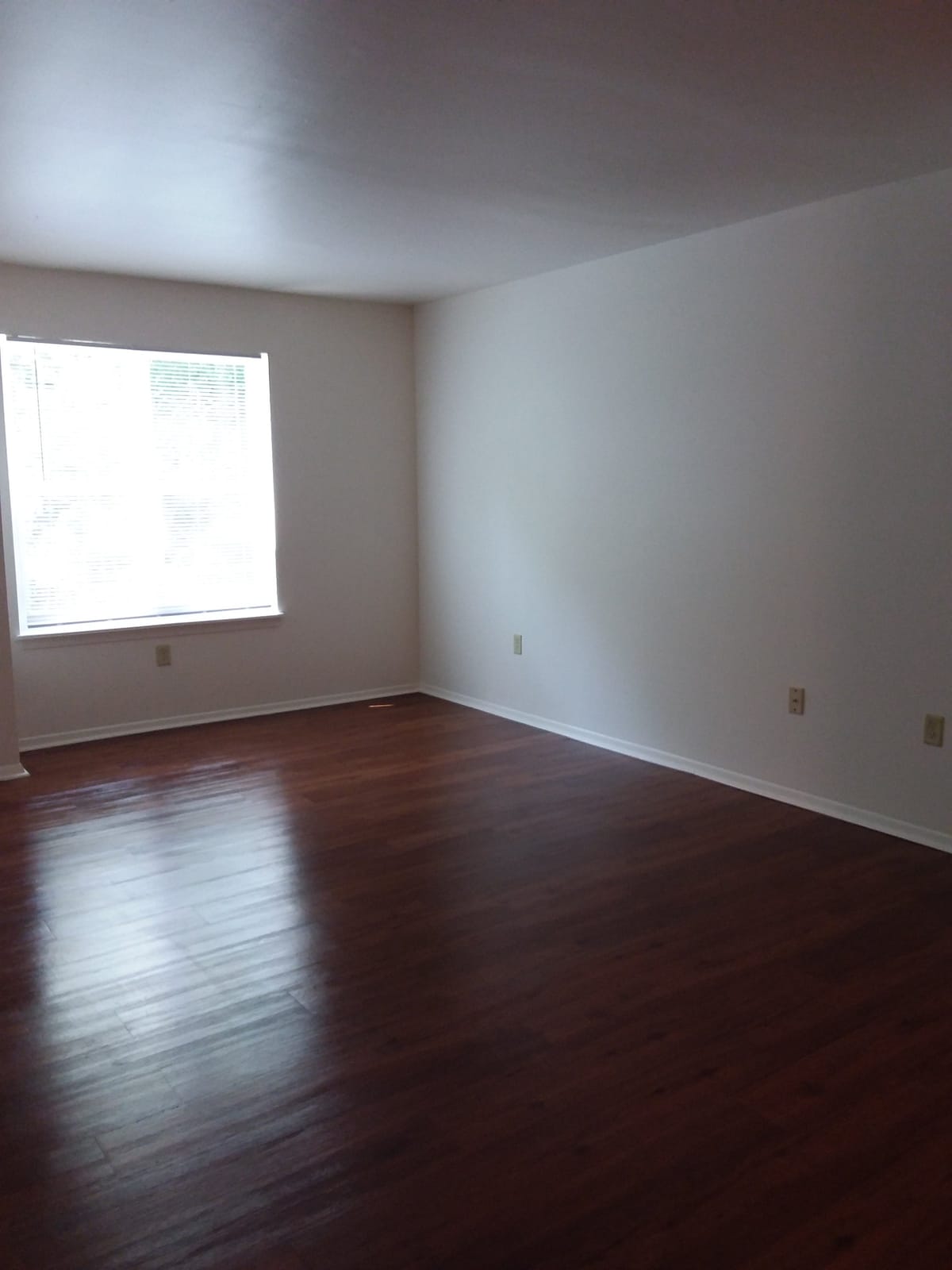 An empty living room at Indian Head Elderly Apartments with a wide blind-covered window and wood-look plank flooring